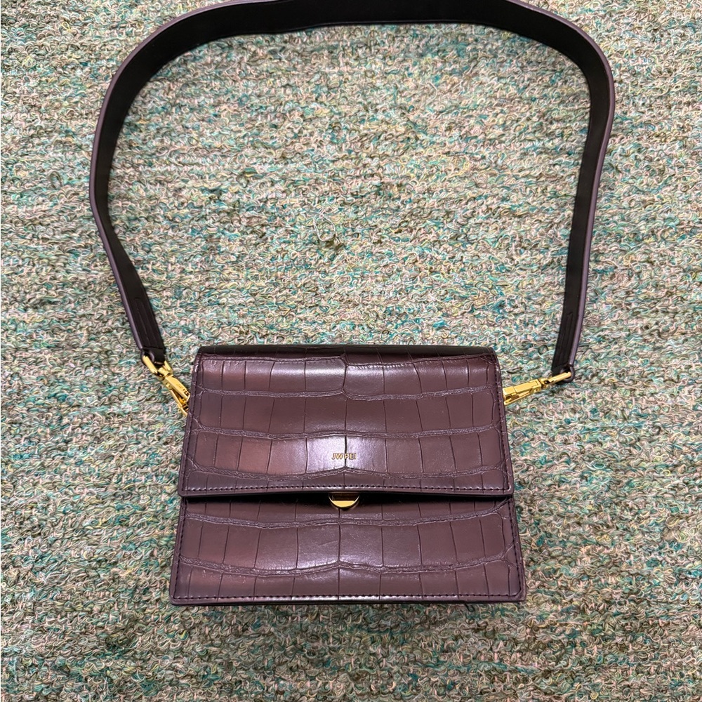 JW PEI Black Mini Flap Croc-Embossed Crossbody Bag with Gold Hardware